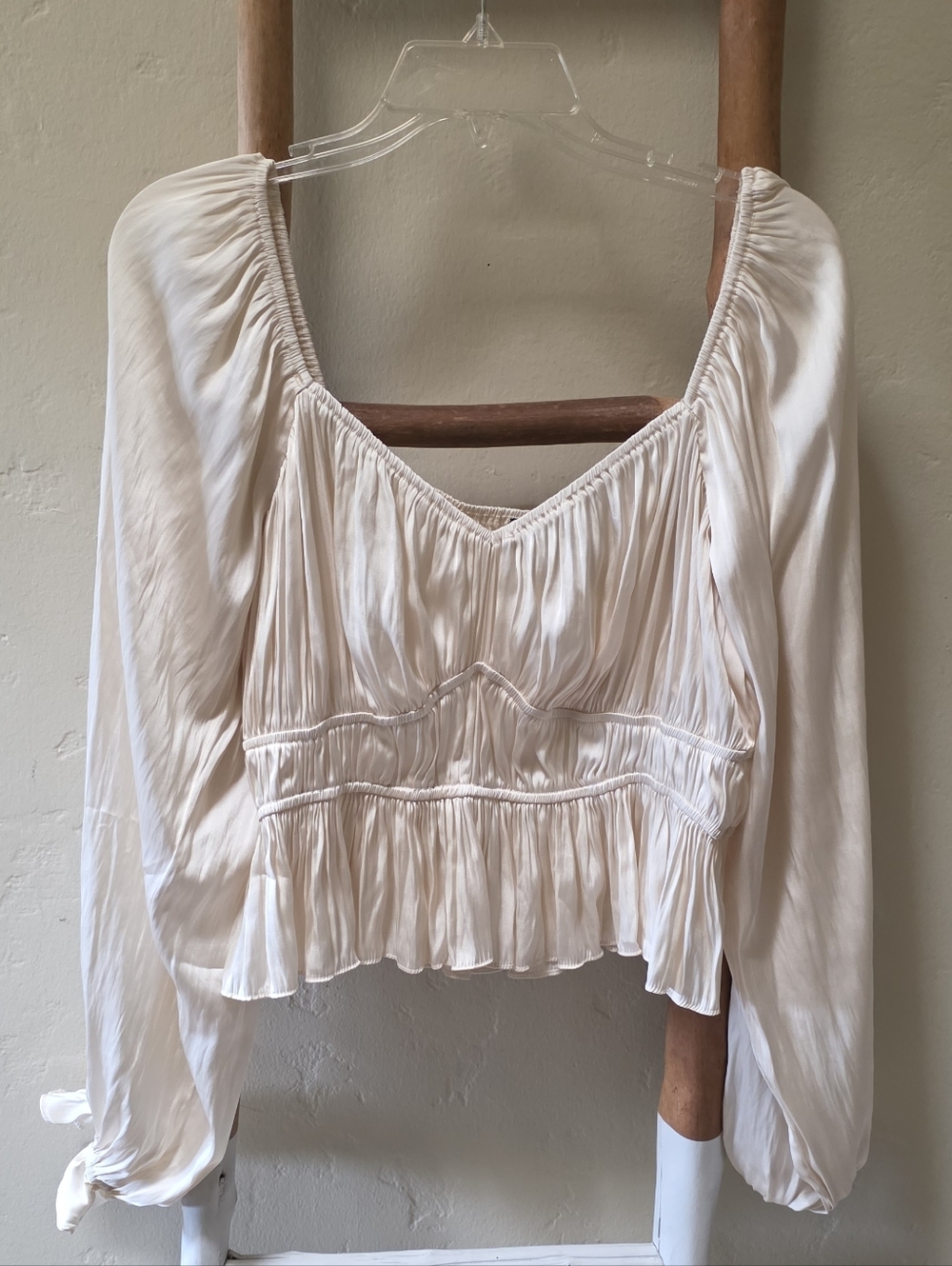 Lulu's Cream Satin Ruched Long Sleeve Peasant Blouse